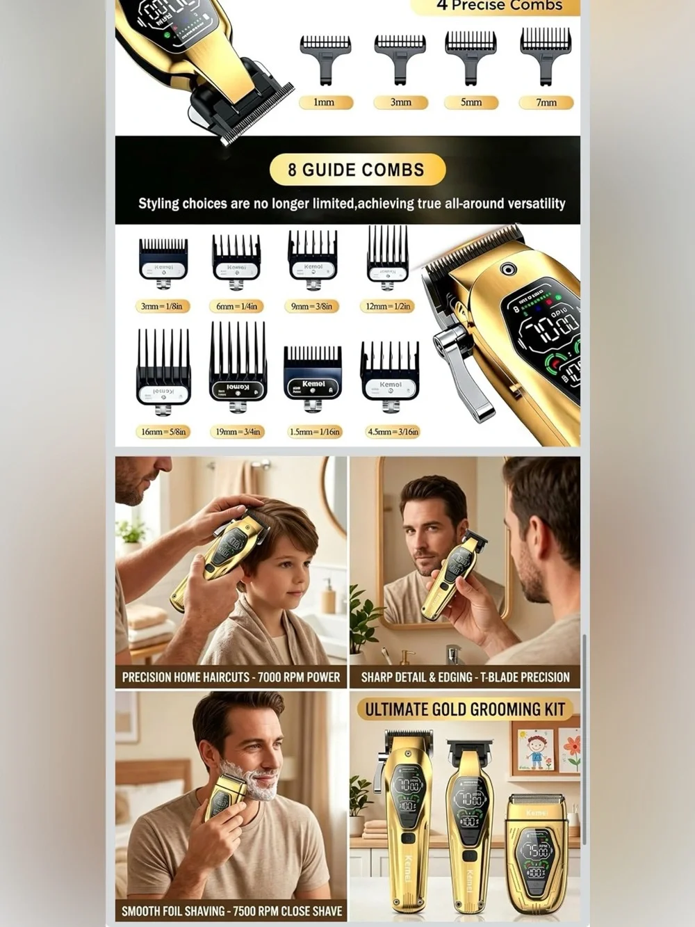 KEMEI Hair Clipper Set for Men, Professional Cordless Trimmer, 9000RPM